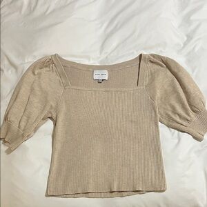 Pink Rose Beige Ribbed Blouse with Puff Sleeves